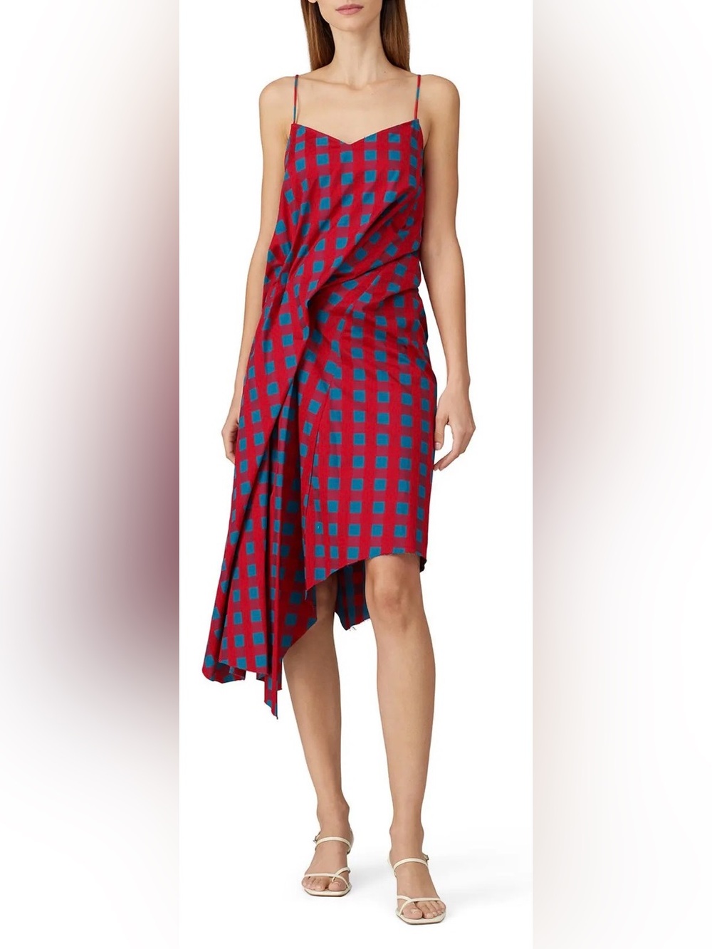 Marques Almeida Asymmetrical Red & blue Check Draped Slip Dress, S